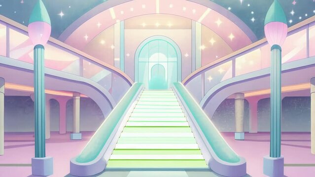 A deserted shopping mall its once bright and glossy decor now faded and adorned with glittery pastel accents.