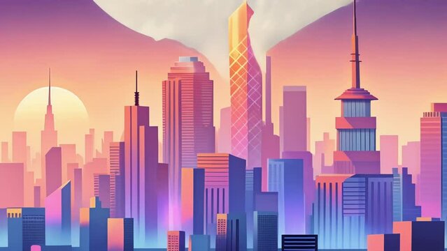 A pixelated cityscape where towering skyscrs are rep with retro arcade game graphics seen through a soft vintage filter.