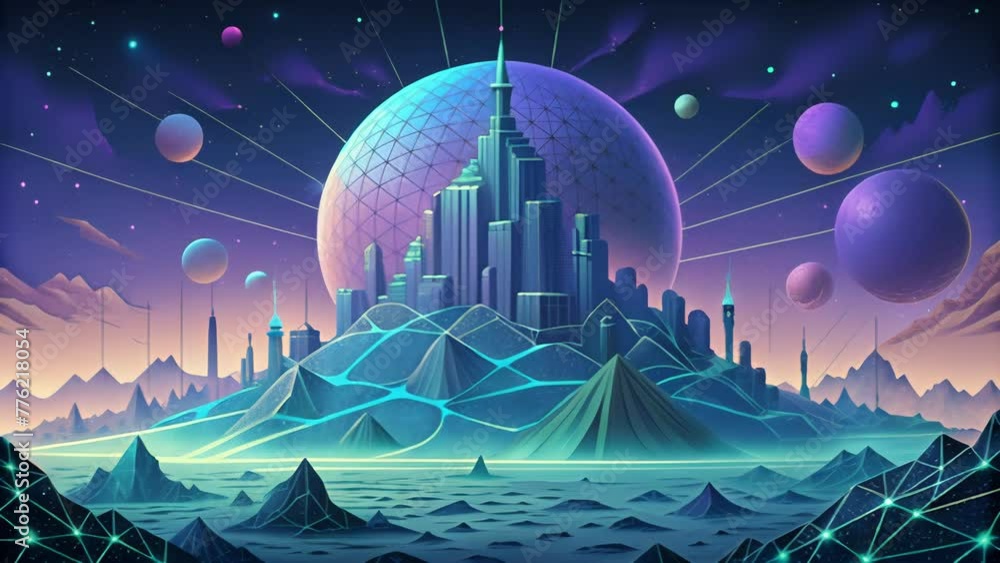 Poster A cybernetic landscape built upon a network of intricate lines and precise dots evoking a sense of technological wonder.