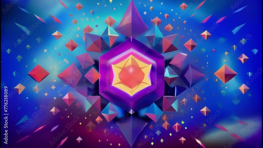 Aufkleber A fragmented mosaic of colorful squares and triangles moving in a chaotic yet fluid motion reminiscent of the constant stream of data in a