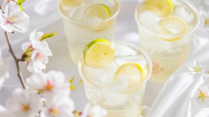 Obraz na płótnie Canvas lemon tea more lime slices with sakura blossom