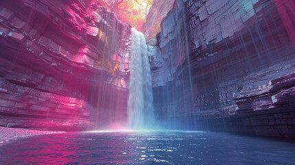 Holographic waterfall cascading the surrealism 