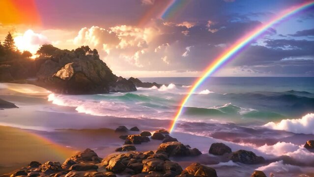 Rainbow over the Waikiki Beach, Honolulu, Oahu, Hawaii, A dreamy oceanside with a rainbow on the horizon after a storm, AI Generated