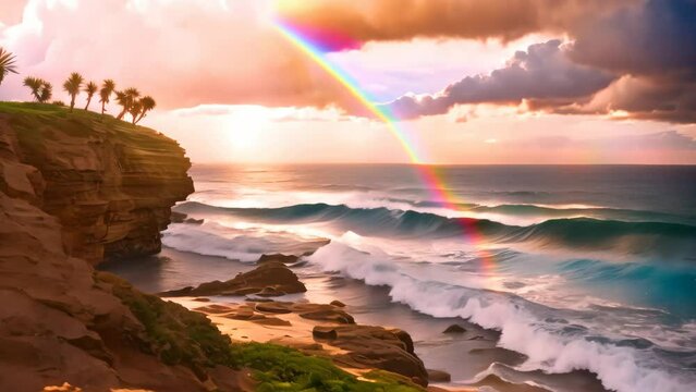 Sunset over the ocean in Laguna Beach, California, USA, A dreamy oceanside with a rainbow on the horizon after a storm, AI Generated