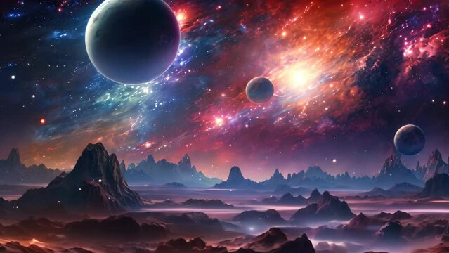 Fantasy alien planet. Mountain and nebula. 3D illustration, A dreamy galaxy scape with swirling stars and planets, AI Generated