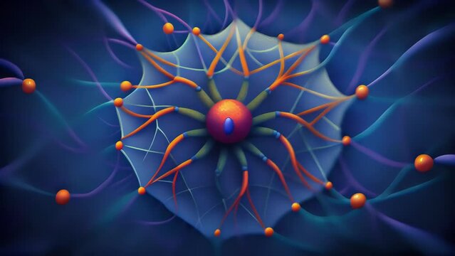 A frenzy of tangled threads reminiscent of a spiders web but bursting with brilliant colors and energy.