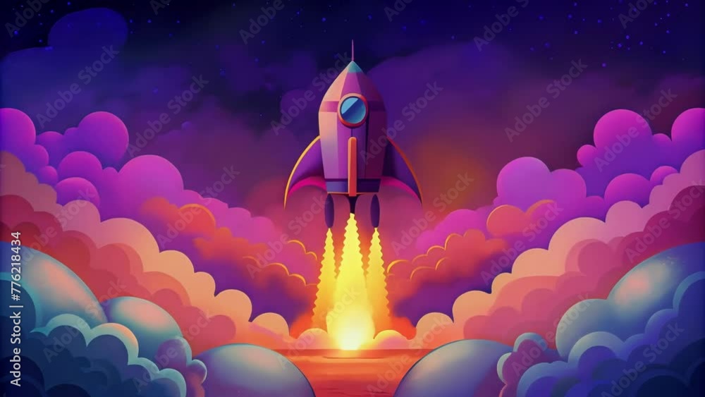 Poster A retrostyle rocket ship launching into space behind a backdrop of neon clouds and glowing advertising billboards.