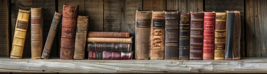 Antique old books on wooden shelf. Vintage literature. AI Generated
