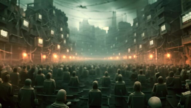 Conceptual image of a group of people sitting on the street and watching a movie, A dystopian scene of communication being controlled by an authoritarian regime, AI Generated