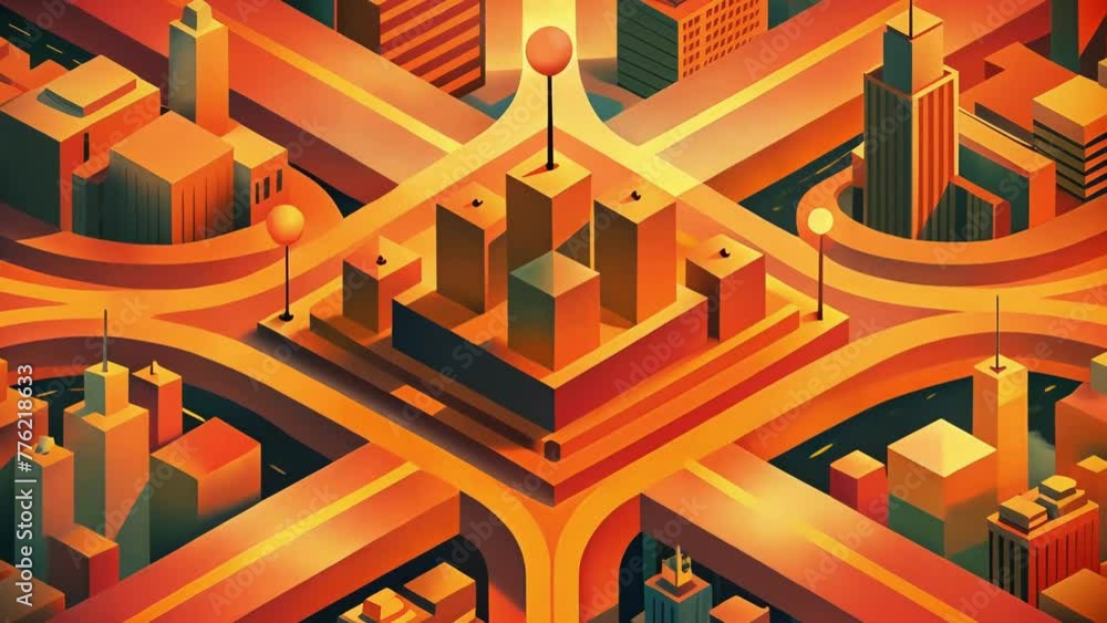 Aufkleber A stylized representation of a busy city intersection with distorted and overlapping shapes in shades of orange and red.