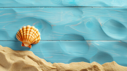 Shell Frame Rests on Sandy Blue Wooden Background