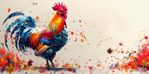 Colorful Rooster Standing on Puddle - obrazy, fototapety, plakaty