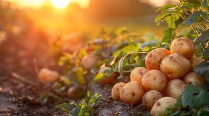 Harvested potatoes bask in sunset light, old wooden texture. - obrazy, fototapety, plakaty