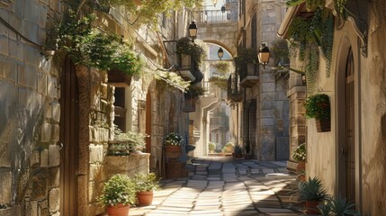 Fototapeta na wymiar A network of narrow alleyways winding through an ancient Mediterranean town, each corner holding a story untold.