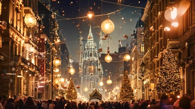 An enchanting city street adorned with an abundance of dazzling Christmas lights, A festive city center decorated for New Yearâ€™s Eve celebrations, AI Generated