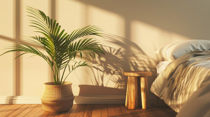 A cozy bedroom ambiance with a wooden floor, displaying a lifelike Areca palm in a rattan planter against a warm-toned wall mockup. A wooden table adds an earthy touch to the space. 8K