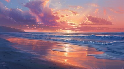 A peaceful beach at sunset, where the sky ignites in fiery hues and the gentle waves kiss the shore in a dance of farewell to the day. - obrazy, fototapety, plakaty