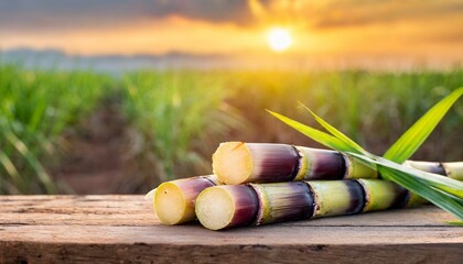 Cana-de-açúcar cortada sobre a mesa de madeira, plantação e sol ao fundo, conceito agro