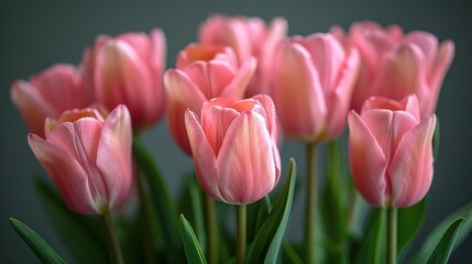 Bouquet of light pink tulips on a plain background with soft light