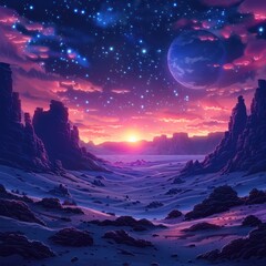 cosmic, desert landscape of alien planet with mountains, rocks, deep crevices and shining stars in space. Space computer game background