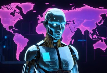Humanoid robot with white and gray plating against a neon world map