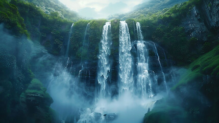 majesty of a towering waterfall cascading down a cliff
