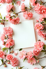 Top view of pink blossoms around a blank card, ideal for springtime greetings.