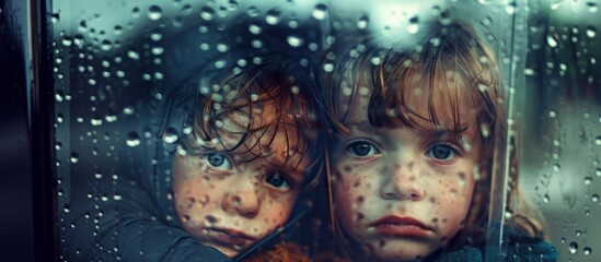 Two children watching rain through a window