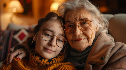 El amor de nieta a su abuela en una imagen enternecedora llena de cariño familiar y ambiente acogedor del hogar. - obrazy, fototapety, plakaty