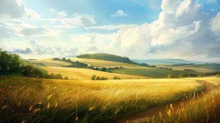 A peaceful countryside vista, where fields of gold stretch to meet the endless horizon, a scene of pastoral serenity. - obrazy, fototapety, plakaty