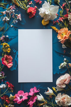 Top View Floral Composition with Blank Space. Top view of colorful flowers arranged around a blank card