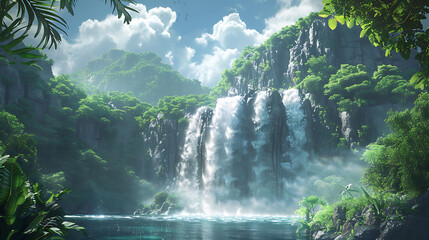 majesty of a waterfall framed by towering cliffs and lush vegetation