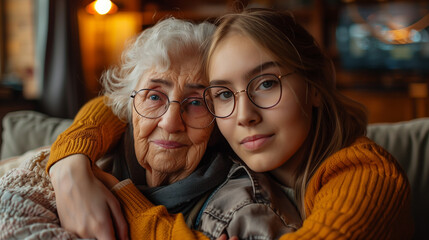 El amor de nieta a su abuela en una imagen enternecedora llena de cariño familiar y ambiente acogedor del hogar. - obrazy, fototapety, plakaty