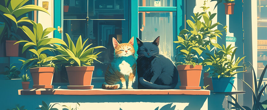 cartoon illustration of two cat cuddle in spring blossom flower garden,  adorable pet scene, Ai Generated