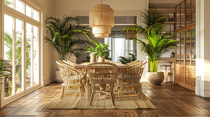 A picturesque dining room setting with an Areca palm as a focal point, surrounded by a cozy rattan dining set and a polished wooden table, creating a welcoming ambiance on a wooden floor. 8K. - obrazy, fototapety, plakaty