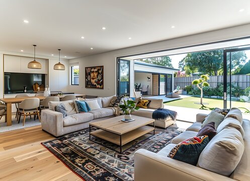 A photo of a large open plan living room with modern furniture and sliding doors leading to an outdoor garden