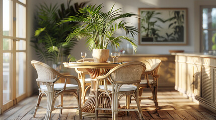 A picturesque dining room setting with an Areca palm as a focal point, surrounded by a cozy rattan dining set and a polished wooden table, creating a welcoming ambiance on a wooden floor. 8K.