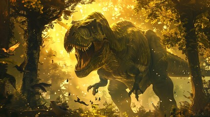 In the heart of a lush prehistoric forest, a colossal Tyrannosaurus Rex emerges from the dense...