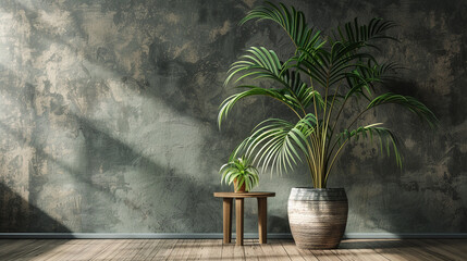 A serene bedroom ambiance with a wooden floor, showcasing a lifelike Areca palm in a rattan pot against a textured wall mockup. A minimalist wooden table completes the natural aesthetic. 8K