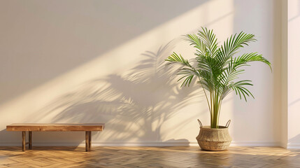 A serene bedroom setting with a wooden floor, featuring an elegant Areca palm in a rattan pot against a softly illuminated wall mockup. A minimalist wooden table enhances the tranquil atmosphere. 8K