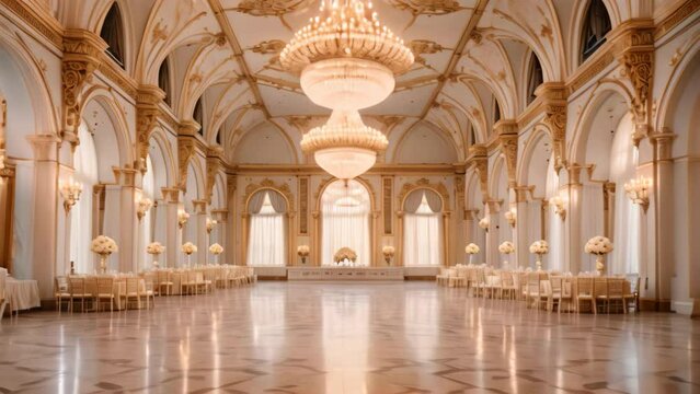 A grand ballroom filled with chandeliers and tables, perfect for hosting elegant events and gatherings, A grand ballroom with golden chandeliers and large arched windows, AI Generated
