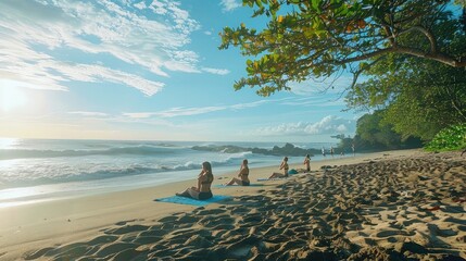 A peaceful morning stretch routine on a tranquil beach, with participants embracing the gentle movements and soothing sounds of the ocean to start their day feeling refreshed and energized.