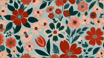 Seamless Pattern with Red Flowers and Green Leaves on White Background