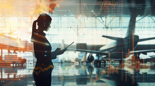 A professional businesswoman analyzing dynamic financial growth charts and forex trading graphs on her digital tablet, standing in a bustling airport terminal. - Powered by Adobe