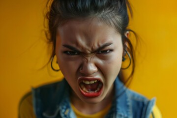 Portrait of angry emotional Asian girl screaming and frustrated shouting with anger, crazy and yelling on white background, Concept of attention deficit hyperactivity disorder (ADHD) - obrazy, fototapety, plakaty
