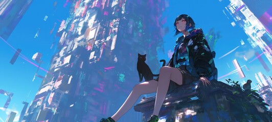 cute girl with black cat with cyberpunk cityscape background, sci-fi fantasy pop background, Ai Generated