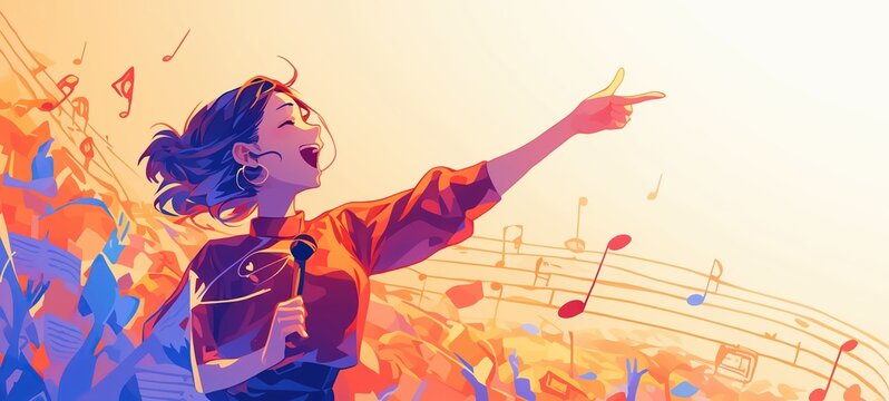 cartoon illustration portrait happy pretty girl singing song with joyful smiling face, with copy space, Ai Generated