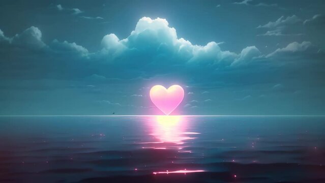 A beautiful painting showcasing a heart in the middle of the ocean, symbolizing eternal love and infinite possibilities, A heart-shaped moon over a calm sea, AI Generated