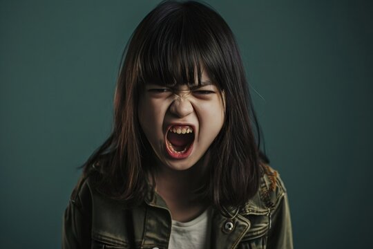 Portrait of angry emotional Asian girl screaming and frustrated shouting with anger, crazy and yelling on white background, Concept of attention deficit hyperactivity disorder (ADHD)