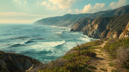 A picturesque coastal hiking trail overlooking the ocean, with rugged cliffs and crashing waves...